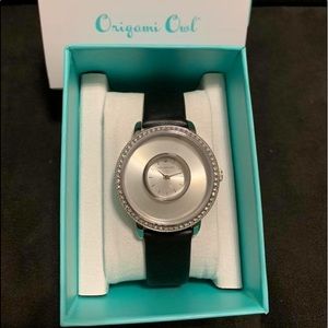 Origami owl black leather band locket watch